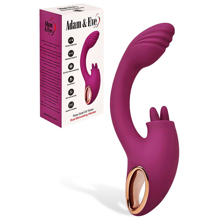 Adam & Eve Rose Gold Clit Tickler Rabbit Vibrator with textured shaft and clitoral ears